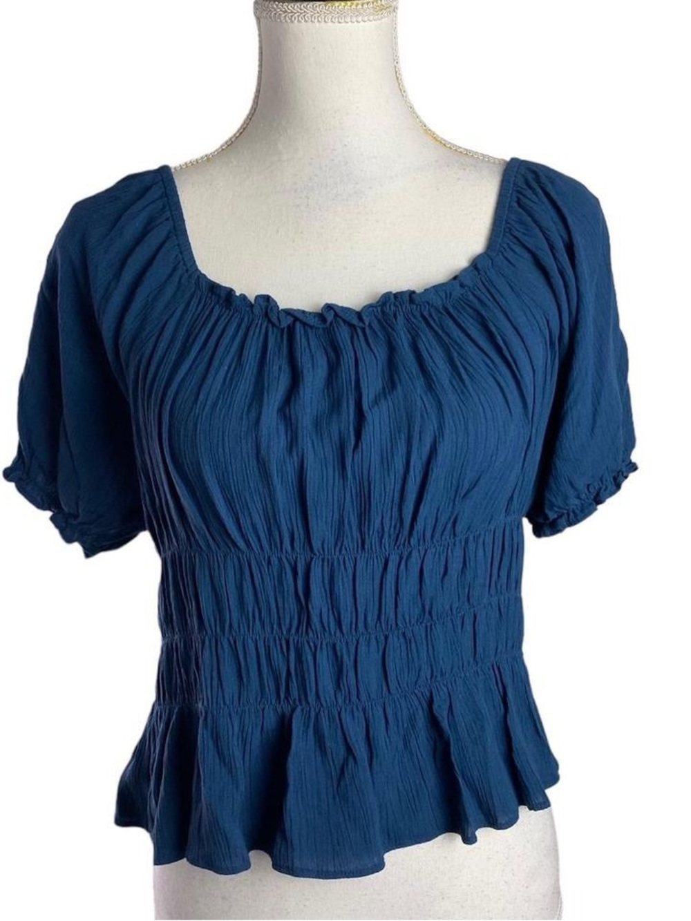 Women's Blue Smocked Peplum Top
